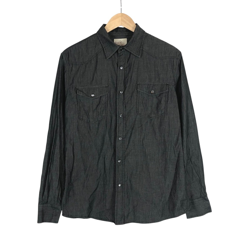 Age of Wisdom Chambray Western Pearl Snap Shirt Mens Medium Dark Gray Cotton